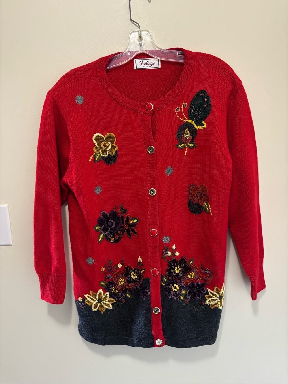 Vintage Feelings Red Floral Butterfly Embroidered Cardigan Sweater